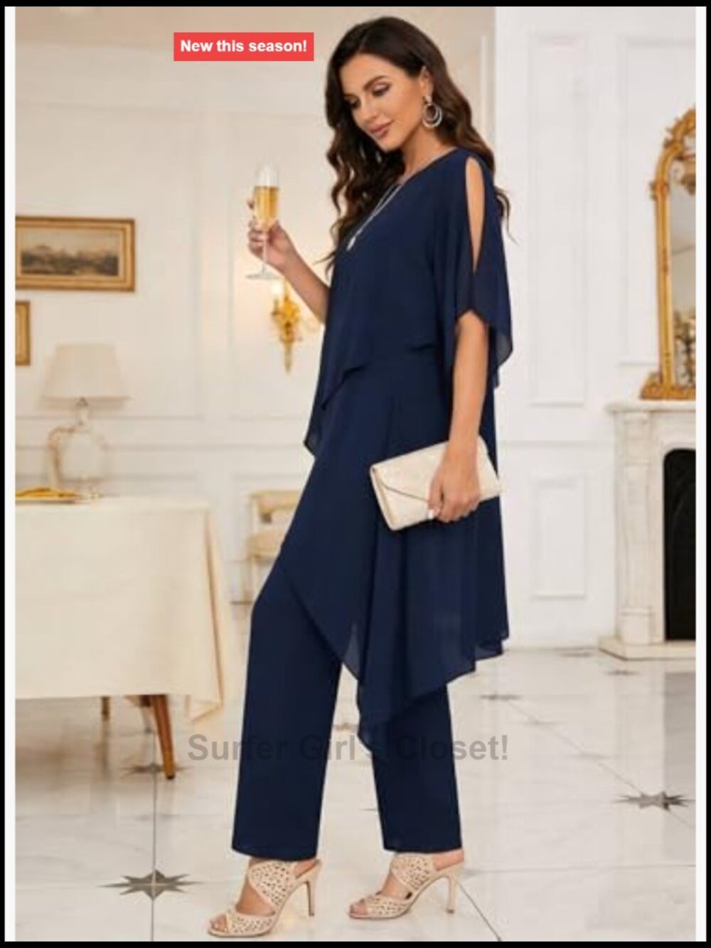 2 Piece Chiffon Dressy Pants Suit Set Mother of Bride Wedding Guest Outfits - Picture 4 of 7